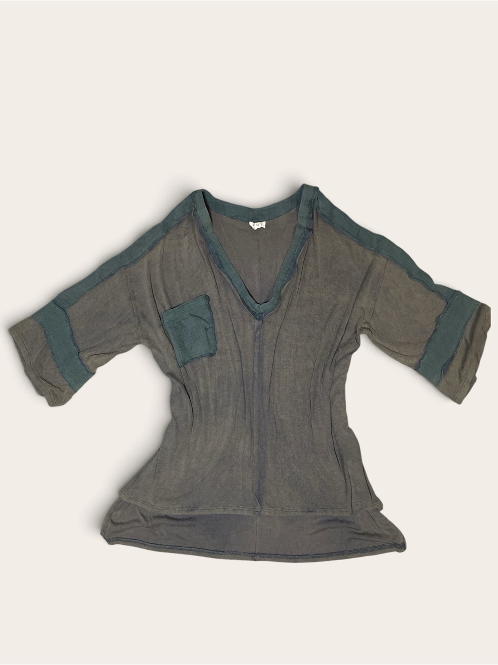 POL Oversized Ribbed V Neck Contrast Pocket Tunic Top